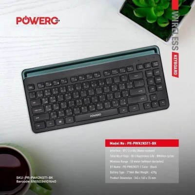 Powero+ ergonomic wireless dual mode keyboard with phone and tablet holder  _ black